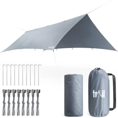 Image of Trail Camping Tarp Shelter 4m x 3m, Lightweight Waterproof 4000mm HH, UPF50+ UV Protection, Portable Heavy Duty Outdoor Camp Rain Fly Tarpaulin, Sun Hammock Canopy with Pegs, Guy Lines, Bag (No Poles)