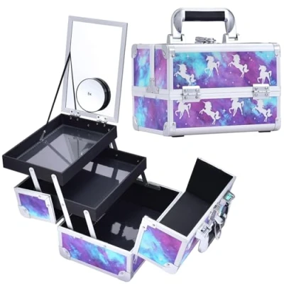 Image of Joligrace Unicorn Makeup Box Vanity Case Cosmetic Organiser Beauty with Mirror and Magnification(5X) Spot