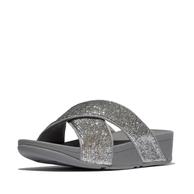 Image of Fitflop Women&#039;s LULU Crinkled Shimmer Cross Slides Sandal, Silvereen, 3 UK
