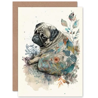 Image of Artery8 Pug Dog with Floral Pattern Modern Multicoloured Watercolour Illustration Art Birthday Sealed Greeting Card Plus Envelope Blank inside