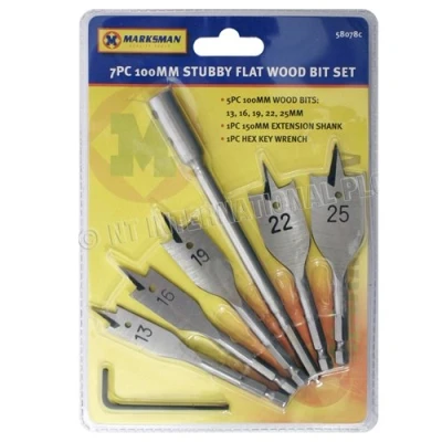 Image of 7PC 100MM Stubby Flat Wood BIT Set Drill Extension Short New HEX Key Wrench Work