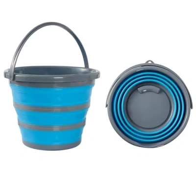 Image of BRAMBLE 10 Litre Collapsible Bucket Portable Cleaning Fishing Camping Silicon, Space Saving Design for Home &amp; Outdoors Flattens to 5cm Blue/Grey
