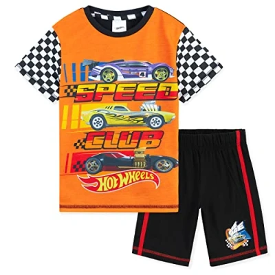 Image of Hot Wheels Boys Pyjamas for Kids 2 Piece Summer Nightwear Short PJs Breathable Lounge Wear Age 3 8 Official Merchandise Gifts (Orange/Black, 7 Years)