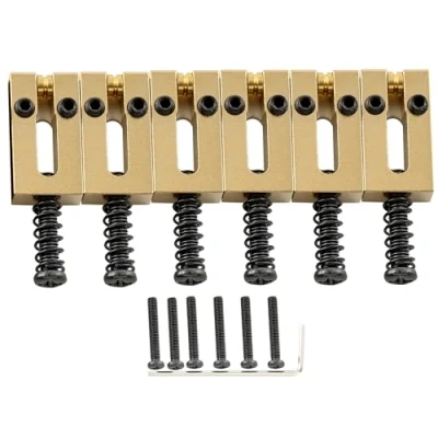 Image of Musiclily Ultra 10.5mm Full Solid Brass Modern Style Roller Saddles for Strat Tele Electric Guitar Bridge, Gold (Set of 6)