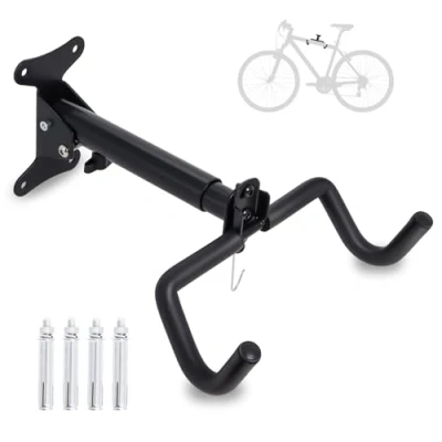 Image of Wall Mounted Bike Hanger Rack for Storage and Space Saving with Foam Padded Protective Frame by Poweka Angle Distance Adjustable Foldable MTB Road Mount