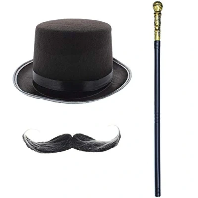 Image of Zac&#039;s Alter Ego Fancy Dress Victorian Top Hat, Moustache &amp; 70s Pimp Stick/Staff/Cane World Book Week/Day