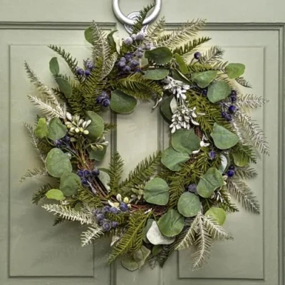 Image of Festive Lights 50cm Christmas Wreath, Eucalyptus &amp; Navy Berries Artificial Green Foliage for Indoor Outdoor Holiday Decor Xmas Garland Door Decoration