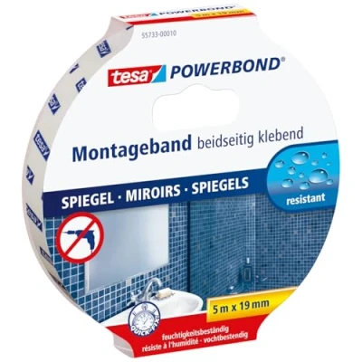 Image of tesa Powerbond Mirror Double Sided Mounting Tape for Mirrors Humidity Resistant Adhesive Bathrooms and Showers 5 m x 19 mm