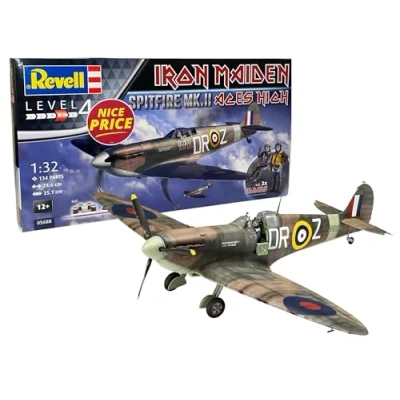 Image of Revell Gift Set 05688 Spitfire Mk.II &quot;Aces High&quot; Iron Maiden &amp; Eddie Figures 1:32 Scale Unbuilt Plastic Model Kits with Contacta Professional Glue, Paintbrush Selected Aqua Color Paints