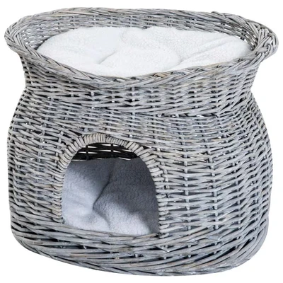 Image of PawHut 2 Tier Elevated Pet Cushion Bed Basket Willow Cat Tree House Condo Kennel