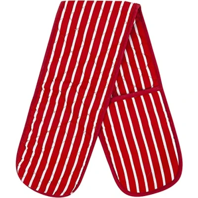 Image of Double Oven Gloves Butcher Quilted Stripe Heat Resistant Mitts Pot Holder Mitt 100% Cotton For Baking and Cooking Red Glove