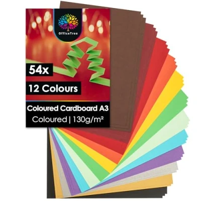 Image of OfficeTree 54x Coloured Paper A3 12 Colours 130 g/m² Color with Gold and Silver Card Craft for Kids