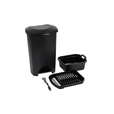 Image of Addis 4 Piece Family Kitchen Office Starter Bulk Set Includes 50 Litre Pedal bin, Washing Up Bowl with Twin Handles, draining Plate Rack &amp; Ultra Grip Dish Brush, All Black, 519067AMP, one Size