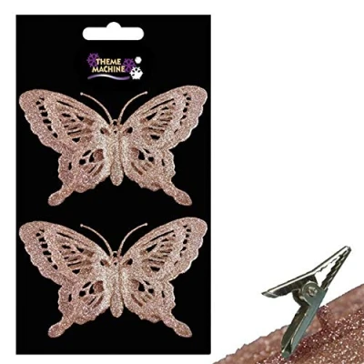 Image of Christmas 2 Pack Clip on Glitter Butterfly Tree Decoration Rose Gold