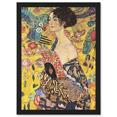 Image of Artery8 Gustav Klimt Lady With Fan Painting Artwork Framed Wall Art Print A4