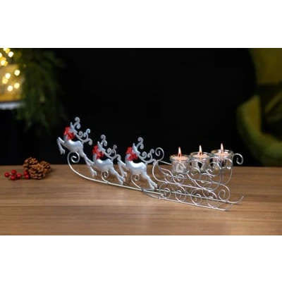 Image of Marco Paul Christmas Candle Holder Decoration 3 Pillar Candles and Sleigh Reindeer Ornament Xmas Decorations or Table Simply Home Accessories