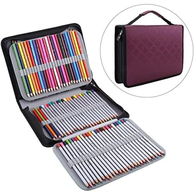 Image of Yosoo 150 Slots Pu Leather Fabric Pencil Case Zippered Pen Bag Pouch Handle Strap Multi Layer Art Pencils Storage Organizer Stationary (Color : Purplish Red)