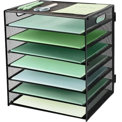 Image of Paper Letter Tray with Handle, 8 Tier Metal Mesh Desk File Organizer, A4 Desktop Filing Trays, Magazine Document Holder for Home School Office, Black