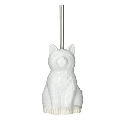 Image of WENKO Cat Toilet Brush Holder, Ceramic, White, 22 x 17 14 cm