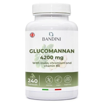 Image of Bandini® Glucomannan from The konjac Root 4200 mg per Daily dose 240 Capsules Optimized with Bacterial Cultures, Chromium, Vitamin B3 and Inulin High Strength Supplement Vegan