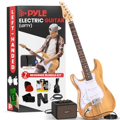 Image of Pyle Full Size Left Handed Electric Guitar Kit with 5W Amplifier, Gig Bag, Picks, Spare Strings, and Strap, ST Style Beginner Bundle 22 Frets, Paulownia Wood Body, Natural