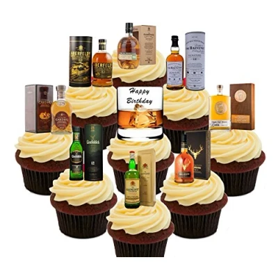 Image of Made4You Happy Birthday, Whisky Lover Party Pack, Edible Cupcake Toppers Stand up Wafer Cake Decorations (Pack of 36)