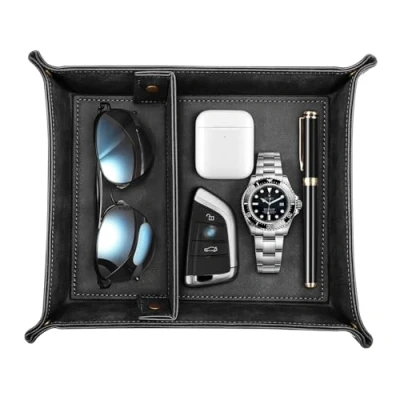Image of SITHON Valet Tray Desktop Storage Organiser Catchall Bedside Vanity Nightstand Caddy Holder with Removable Dividers, Store Keys, Wallet, Phone, Glasses, Coin, Jewelry, (Black)