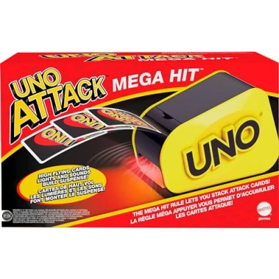 Image of Mattel Games Uno Attack Mega Hit Card Game with Random Action Launcher Lights &amp; Sounds 112 Cards, Kid, Teen Adult Night Gift Ages 7 Years Older