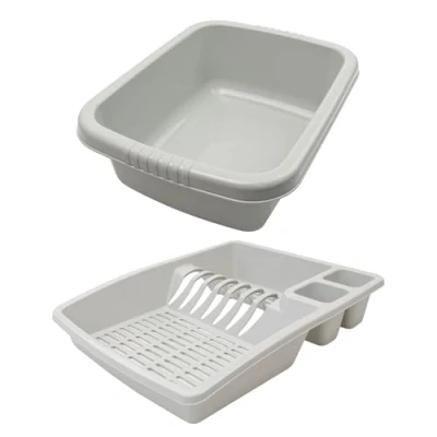 Image of JVL Plastic Dish Drainer and Rectangular Washing Up Bowl Kitchen Set, Grey