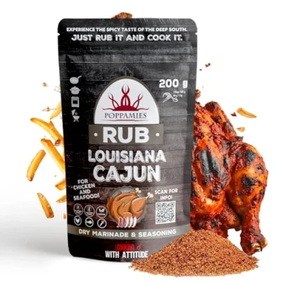 Image of Poppamies Louisiana Cajun BBQ Rub 100% Natural Seasoning Dry Marinade &amp; Spices. Especially Suitable for Chicken and Seafood Great in The Grill Oven Boiler Pan Large Pack (200g)