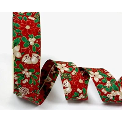 Image of Red Holly Berry Christmas Pattern 100% Cotton 30mm Bias Binding by Fany on a 25m Roll