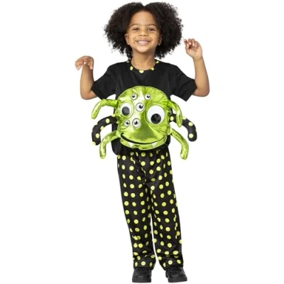 Image of Smiffys Neon Spider Costume Top &amp; Trousers, Halloween Child Fancy Dress, Dress Up Costumes