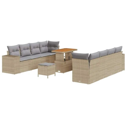 Image of Vidaxl 11 Piece Garden Sofa Set with Cushions Beige Poly Rattan Acacia
