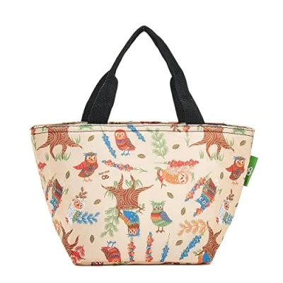 Image of Eco Chic Lightweight Foldable Lunch Bag Water Resistant Insulated Cooler for Work/Picnics/Hiking/Camping BBQs Made from Recycled Plastic Bottles (Owl Beige)