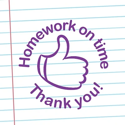 Image of Homework on time. Thank You! Teacher Self Inking Stamp. Purple Ink^ Reinkable