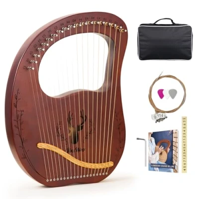Image of VixxNoxx Lyre Harp, 19 Metal Strings Mahogany Lyra Harp Stringed Musical Instruments with Tuning Wrench, Spare String Set, Manual Book