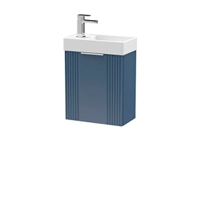 Image of nuie FLT390 Deco Modern Bathroom Wall Hung Part Fluted 1 Door Slimline Vanity Unit with Ceramic Basin, 400mm, Satin Blue