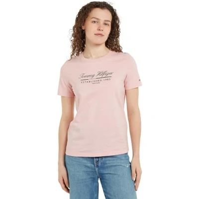 Image of Tommy Hilfiger Women&#039;s Reg Script Graphic C nk Ss Ww0ww43502 S/S T Shirt, Pink (Delicate Pink), XS