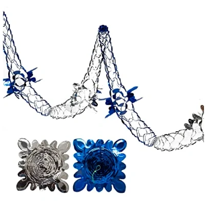 Image of 2 Pk Foil Garland Flower Christmas Hanging Decoration Wall Ceiling Xmas Deco (Royal Blue &amp; Silver)