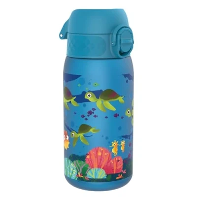 Image of Ion8 Kids Water Bottle, 350 ml/12 oz, Leak Proof, Easy to Open, Secure Lock, Dishwasher Safe, BPA Free, Carry Handle, Hygienic Flip Cover, Clean, Odour Carbon Neutral, Blue, Sea Turtle