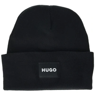 Image of HUGO Men&#039;s Square Logo Cotton Blend Beanie Hat, Black Storm, One Size