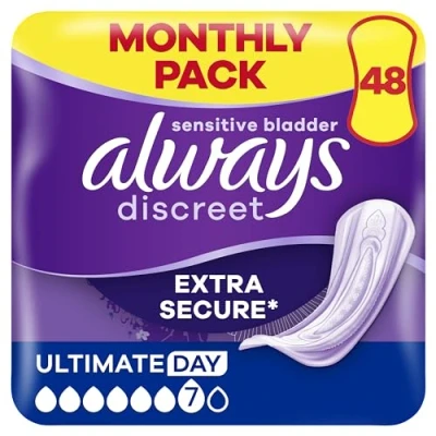 Image of Always Discreet Incontinence Pads Women, Ultimate Day, Absorbency 6, 48 Sanitary Towels (12 x 4 Packs), Extra Secure Bladder Weakness Odour Neutraliser