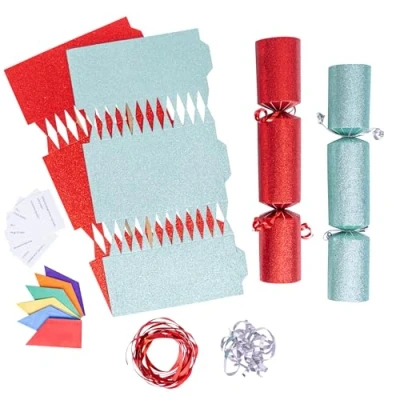 Image of evelay 12 Make Your Own Christmas Cracker Kit DIY Light Green &amp; Red Glitter Crackers Hats Snaps Jokes (Light Green, Red)