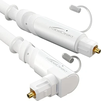 Image of TOSLINK cable white, optical audio 90 angled 10m fiber optic for soundbars (TOSLINK to TOSLINK, digital S/PDIF cable, stereo systems/amplifiers, home cinema, Xbox/PS4) CableDirect