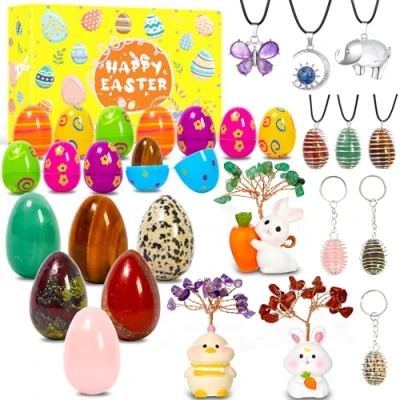 Image of Echehi 12 Pcs Easter Gifts Pre Filled Eggs With Real Crystal &amp; Rock Eggs, Ornaments, Necklaces, For Egg Hunt, Party Favors, Educational Girls Boys