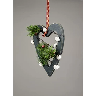 Image of 23cm Green Wooden Heart Wall Hanging Ornament Decorated with White Bells Berries and Pines Christmas Holiday Home Decorations