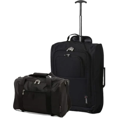 Image of 5 Cities Set of 2 Hand Luggage Including Ryanair Cabin Approved 21&quot;/55cm Trolley Bag &amp; 40x20x25 Maximum Holdall Under Seat Flight (Black + Black)
