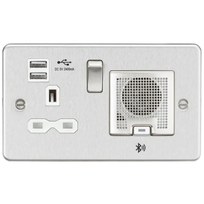 Image of KnightsBridge Flat Plate 13A socket, USB chargers (2.4A) and Bluetooth Speaker Brushed chrome with white insert