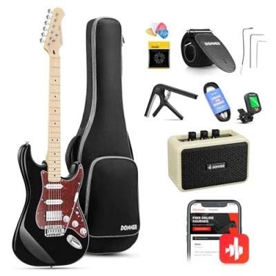 Image of Donner Electric Guitar, 39&quot; Guitar Kit HSS Pickup Coil Split, Solid Body Starter Pack with Amp, Bag, Accessories, DST 152B Black