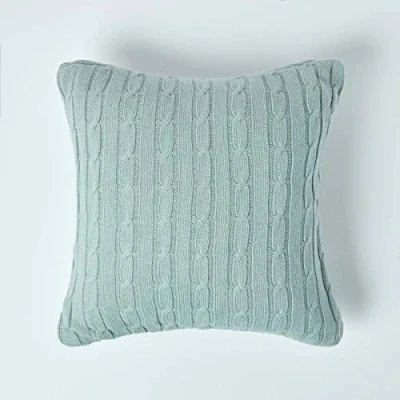 Image of HOMESCAPES Cable Knit Cushion Cover Blue 100% Cotton 18 x Inches Washable